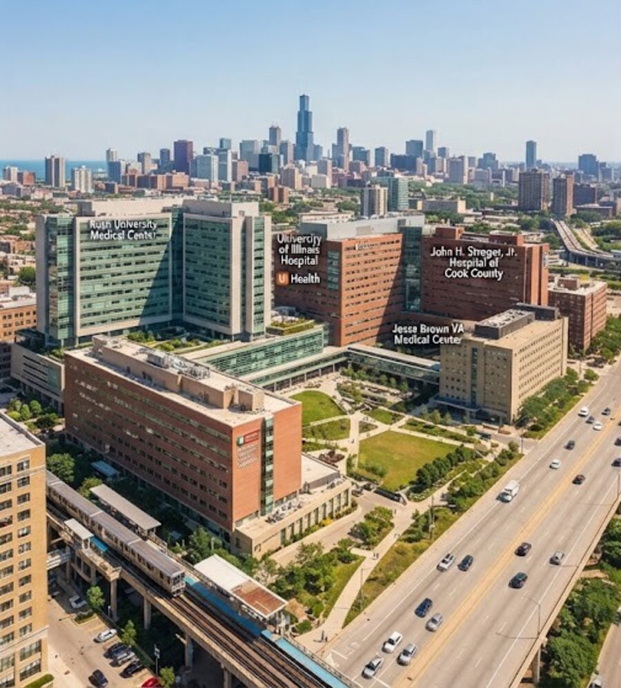 Aerial view of the Illinois Medical District showing Rush University Medical Center, UI Health, John H. Stroger Jr. Hospital, and Jesse Brown VA Medical Center with the Chicago skyline behind