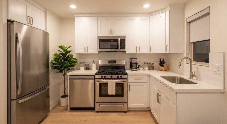 Modern kitchen with stainless steel appliances and quartz countertops
