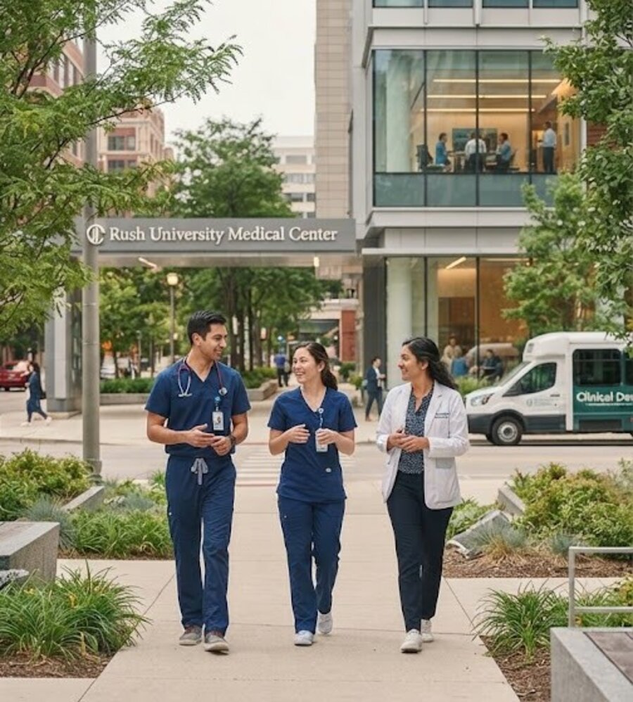Healthcare professionals walking near Rush University Medical Center in the Illinois Medical District