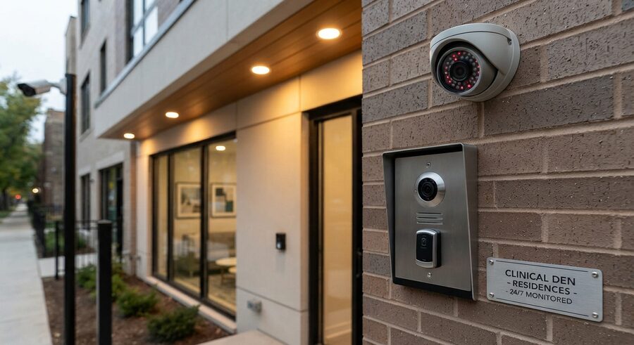 Secure residence with 24/7 outdoor camera monitoring